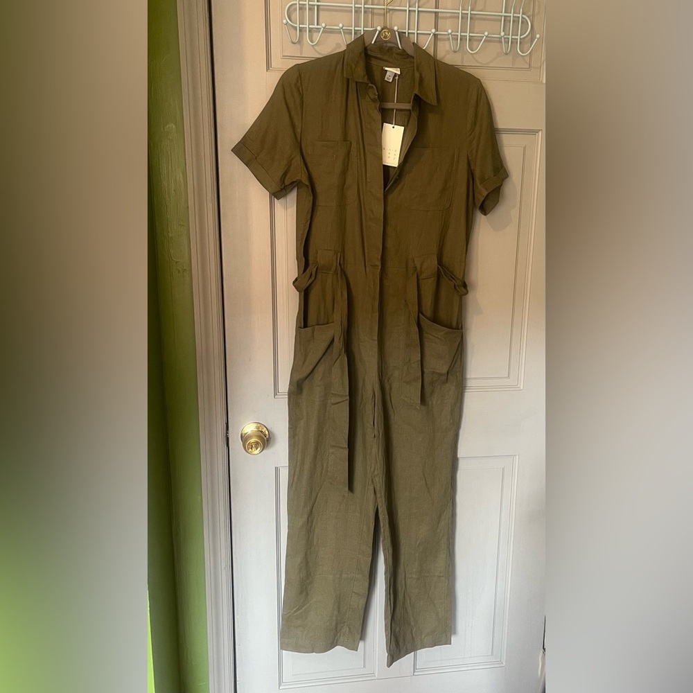 A New Day Olive Green Utility Linen Jumpsuit size Small